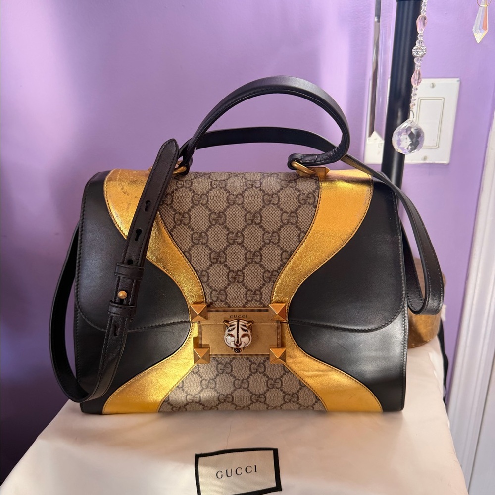 Gucci RARE Black, Gold & Beige GG Supreme Lion Face Bag PRICE DROP - Picture 12 of 14